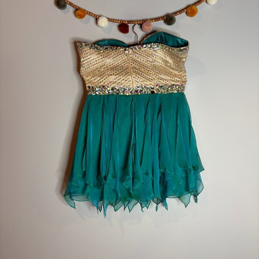 Sherry Hill strapless embellished formal dress Style 1928 in Teal - Picture 3 of 5